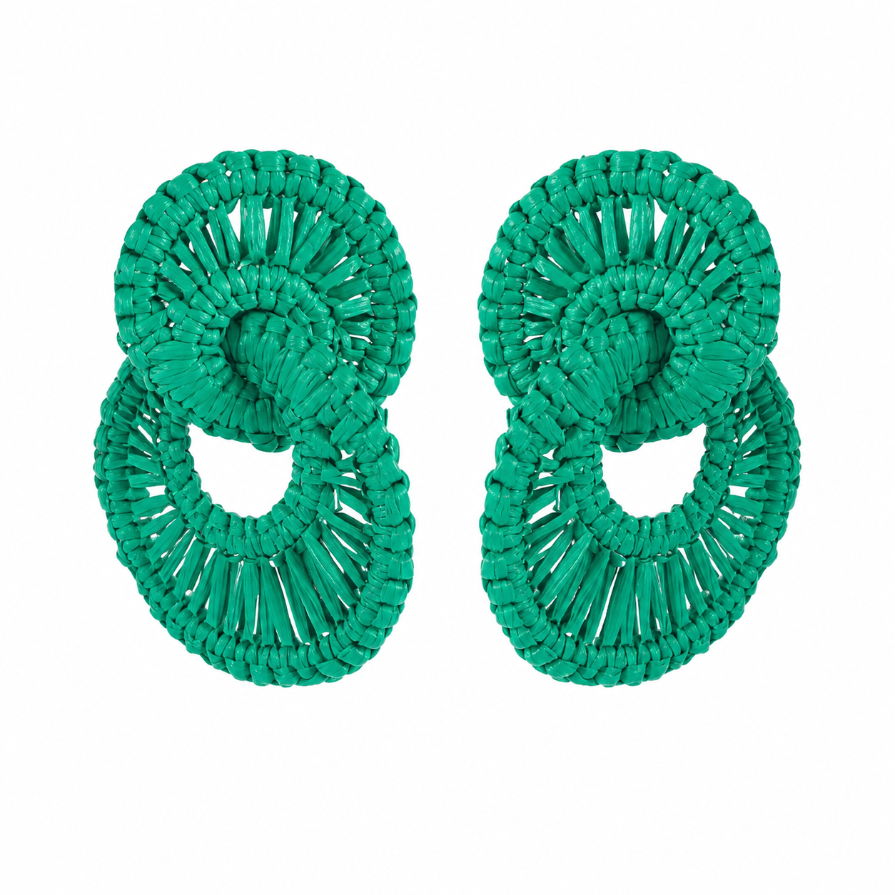 Boho Green Raffia Triple Circle Drop Earrings | Lightweight Statement Jewelry