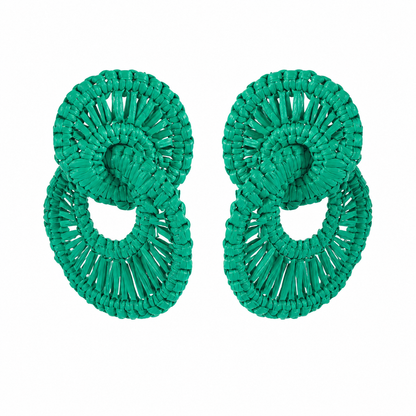 Boho Green Raffia Triple Circle Drop Earrings | Lightweight Statement Jewelry