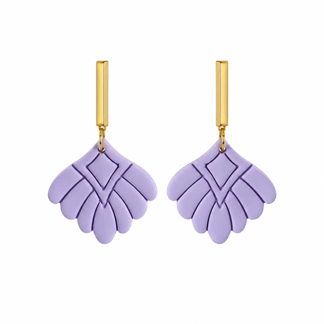 Handmade Lavender Polymer Clay Geometric Fan Earrings with Gold Bar Studs
