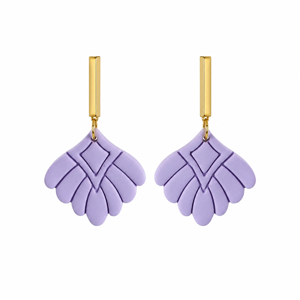 Handmade Lavender Polymer Clay Geometric Fan Earrings with Gold Bar Studs