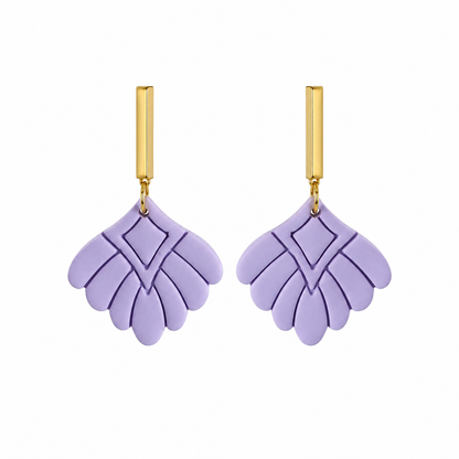 Handmade Lavender Polymer Clay Geometric Fan Earrings with Gold Bar Studs