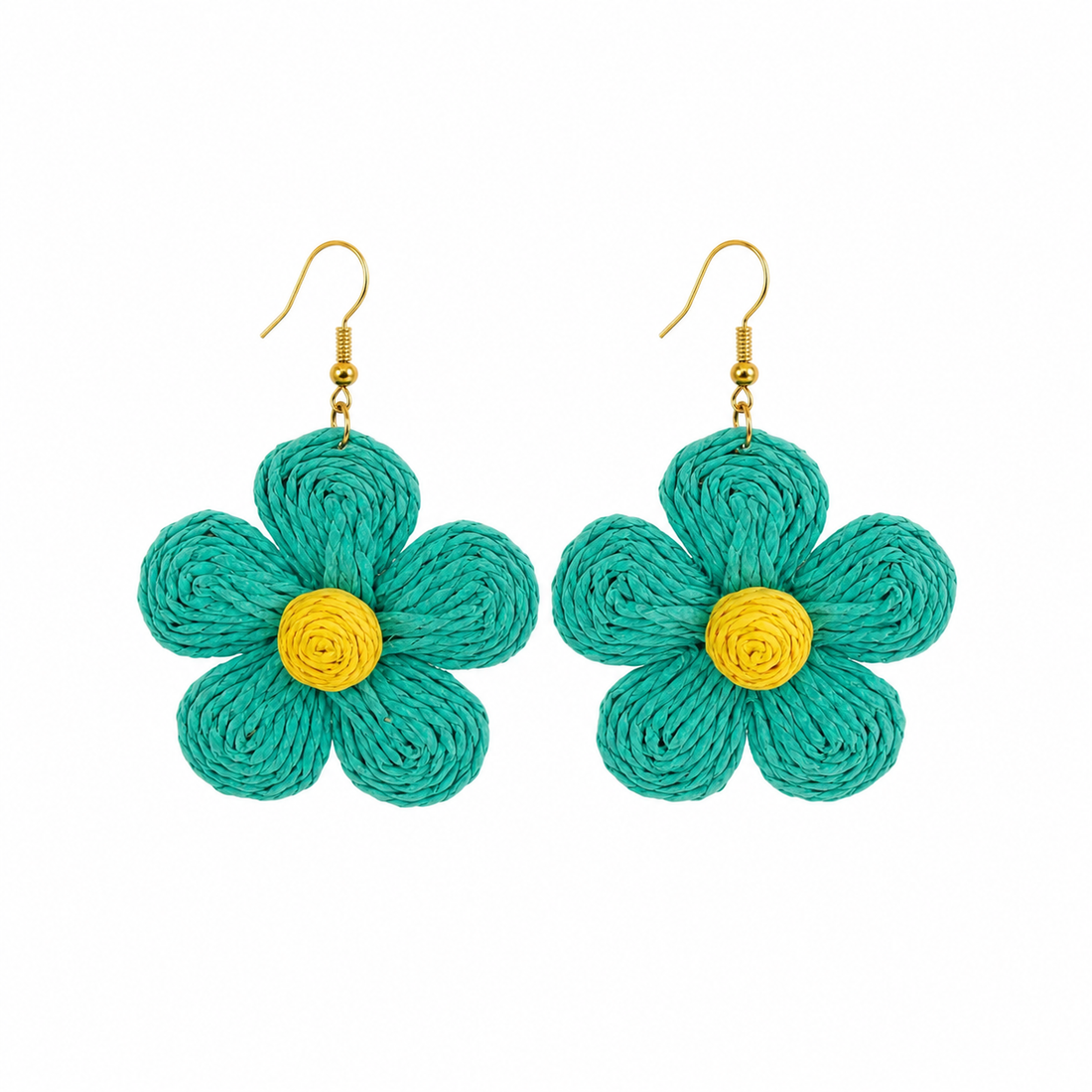 Handcrafted Teal &amp; Yellow Raffia Flower Drop Earrings | Boho Daisy Jewelry