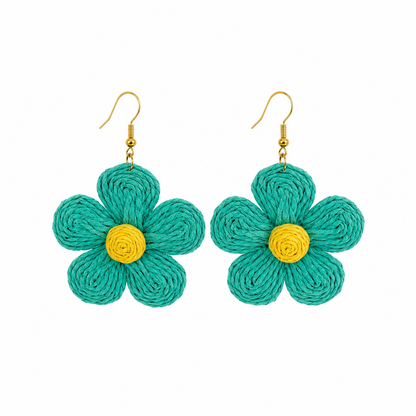 Handcrafted Teal &amp; Yellow Raffia Flower Drop Earrings | Boho Daisy Jewelry