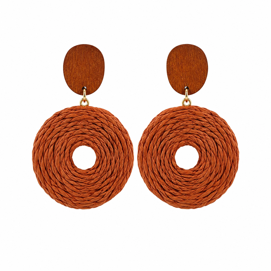 Wood &amp; Terracotta Raffia Woven Donut Drop Earrings | Bohemian Style
