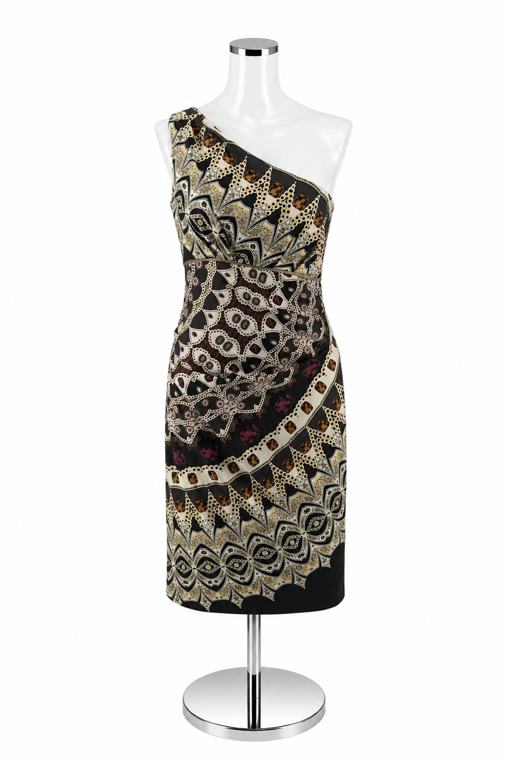 Nicole Miller Silk One Shoulder Ruched Bodycon Dress Size 8 | Baroque Chain Print