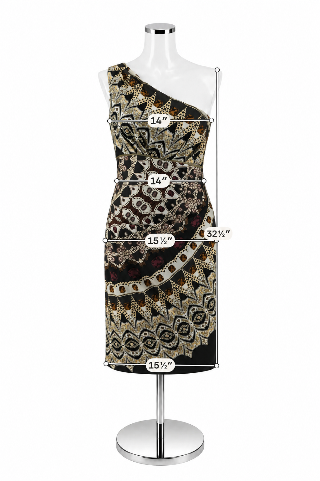 Nicole Miller Silk One Shoulder Ruched Bodycon Dress Size 8 | Baroque Chain Print