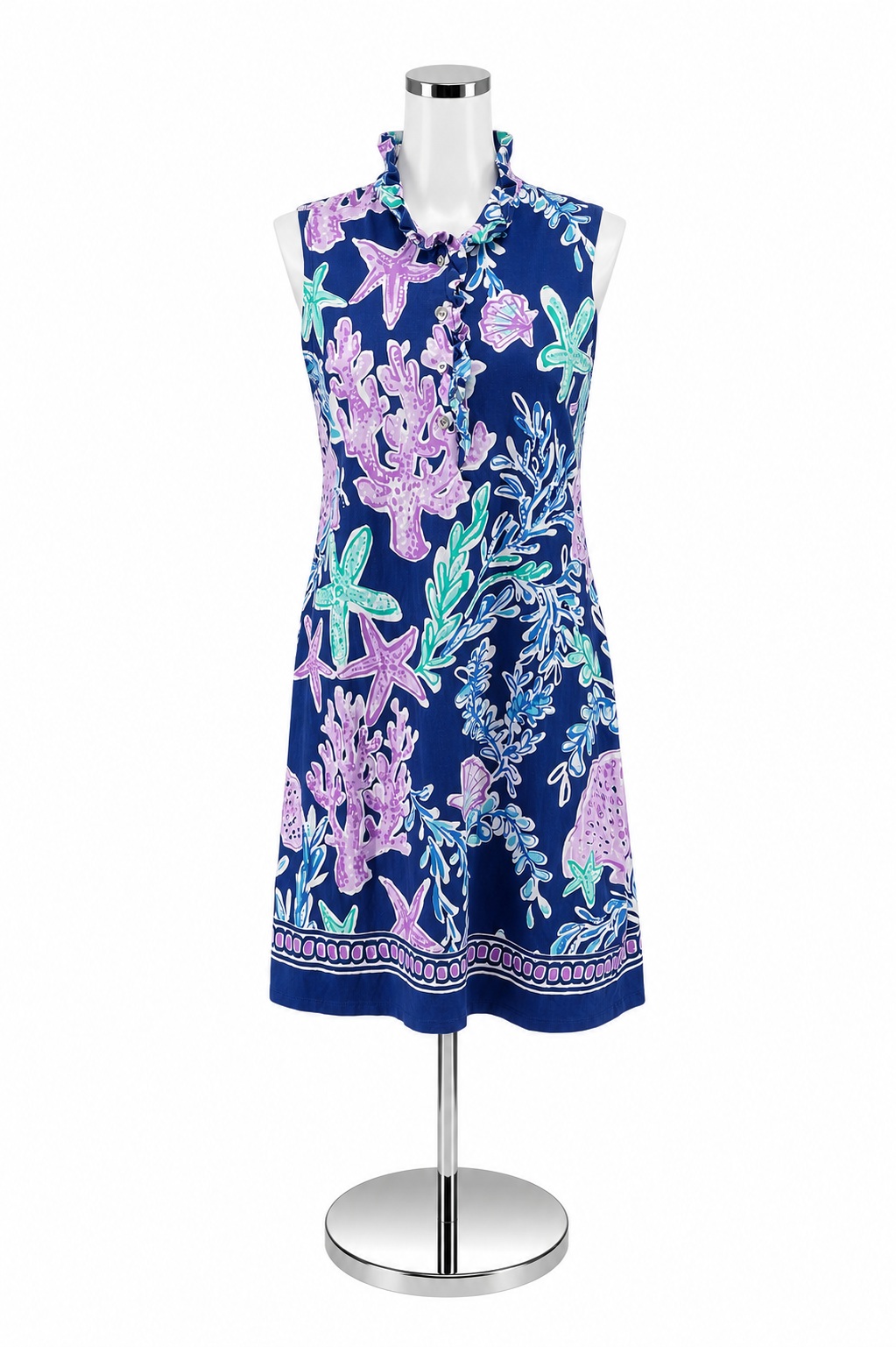 Barbara Erickson Coral Reef Print Ruffle Neck Dress Size Small