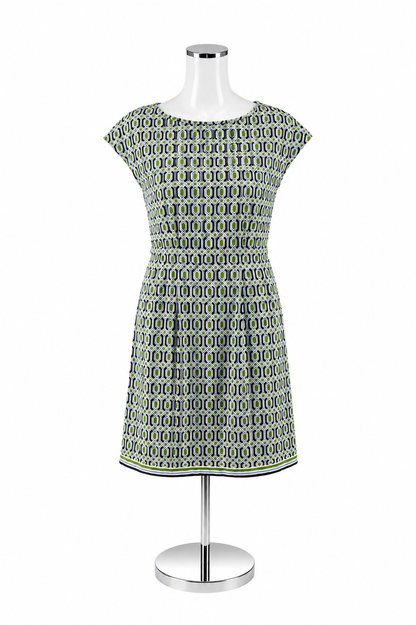 Jude Connally Tinsley Dress XS White Blue Green Geometric Hexagon Print Cap Sleeve