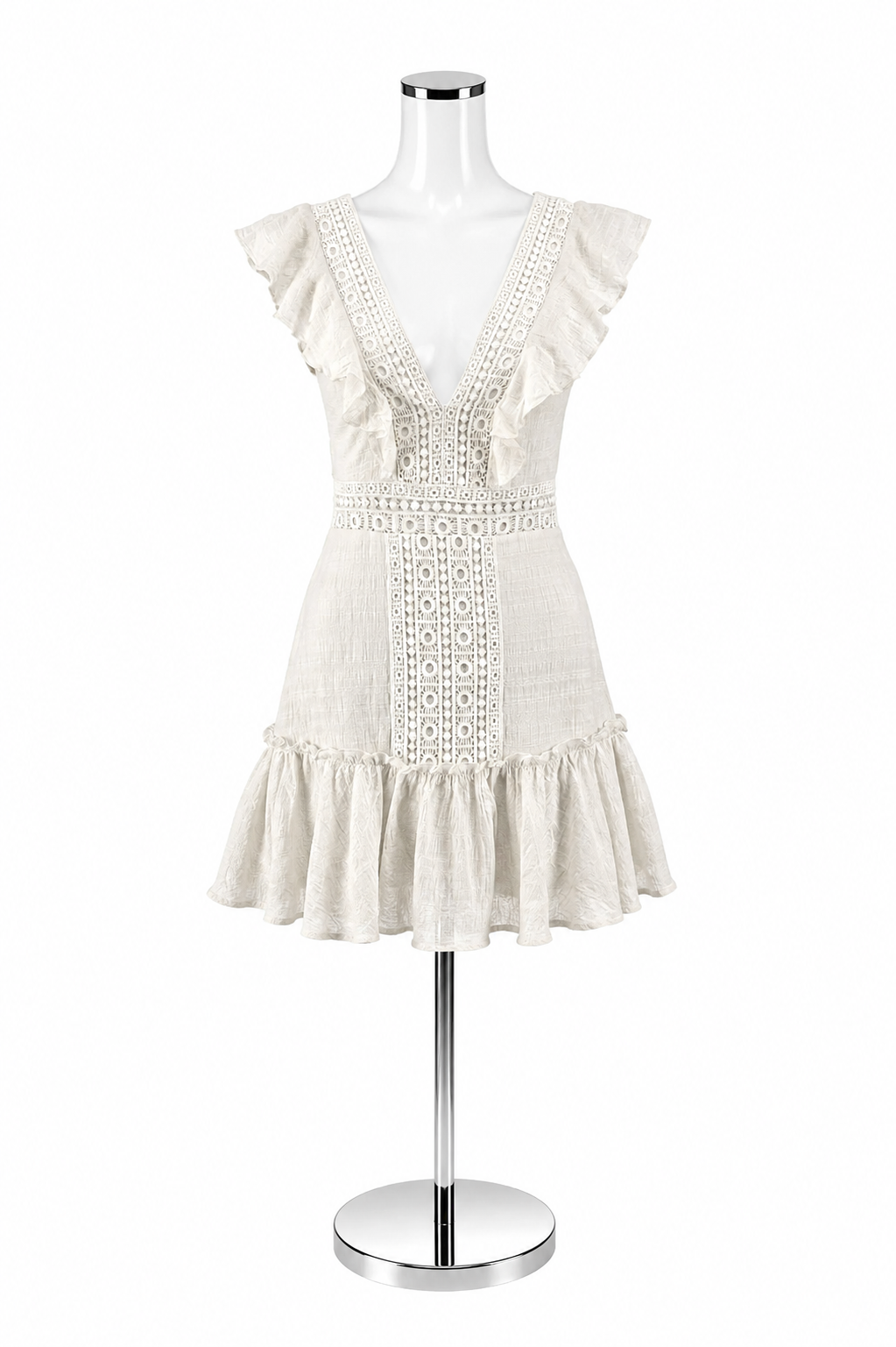 mi ami Mi Ami Ivory Lace Eyelet Tiered Mini Dress | Size XS