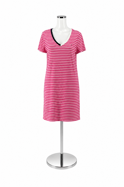Tommy Hilfiger Striped T-Shirt Dress Pink White Navy V-Neck Cotton Size Large