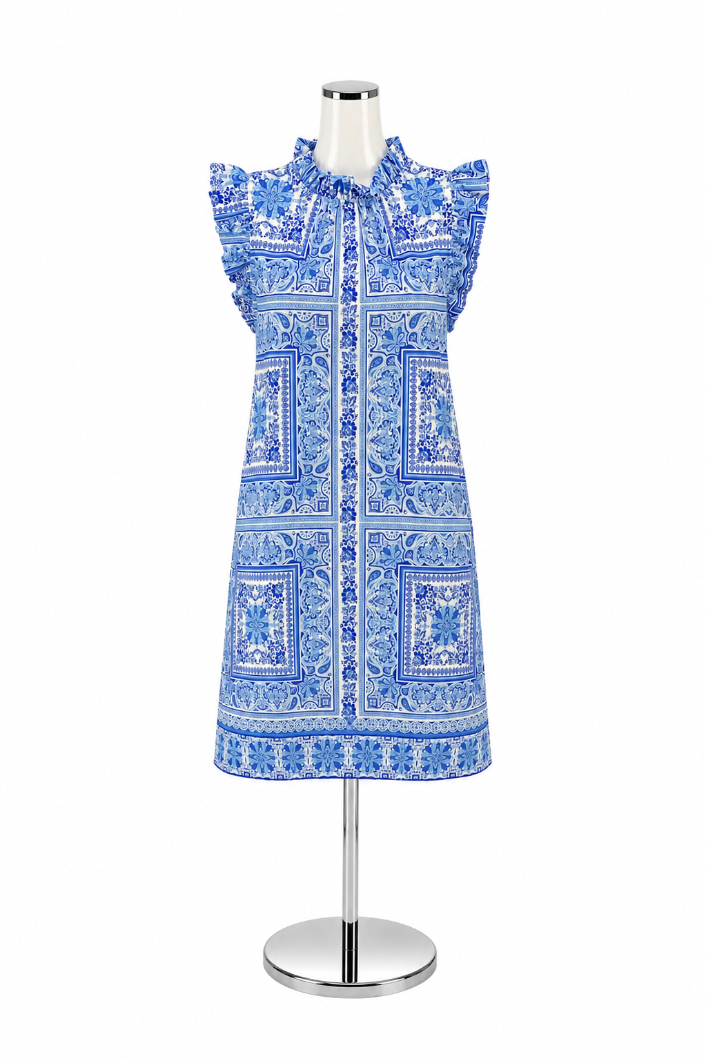 Jude Connally Beth Dress Blue White Geometric Print Sleeveless Size M NWT