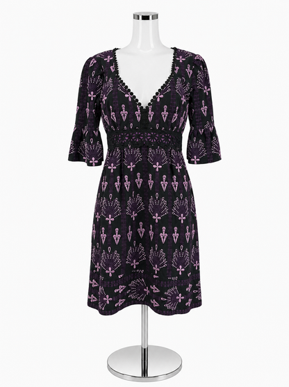 Nanette Lepore Black Purple Embroidered Bell Sleeve Mini Dress Size 12