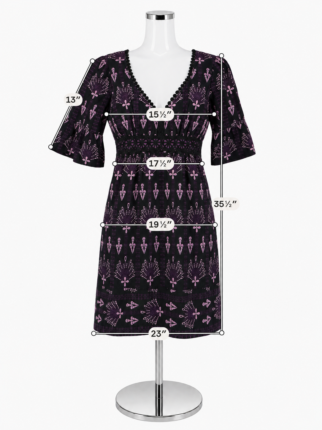 Nanette Lepore Black & Purple Embroidered Bell Sleeve Mini Dress