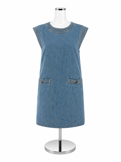 Entro Quilted Diamond Stitch Denim Shift Dress Blue Size Medium