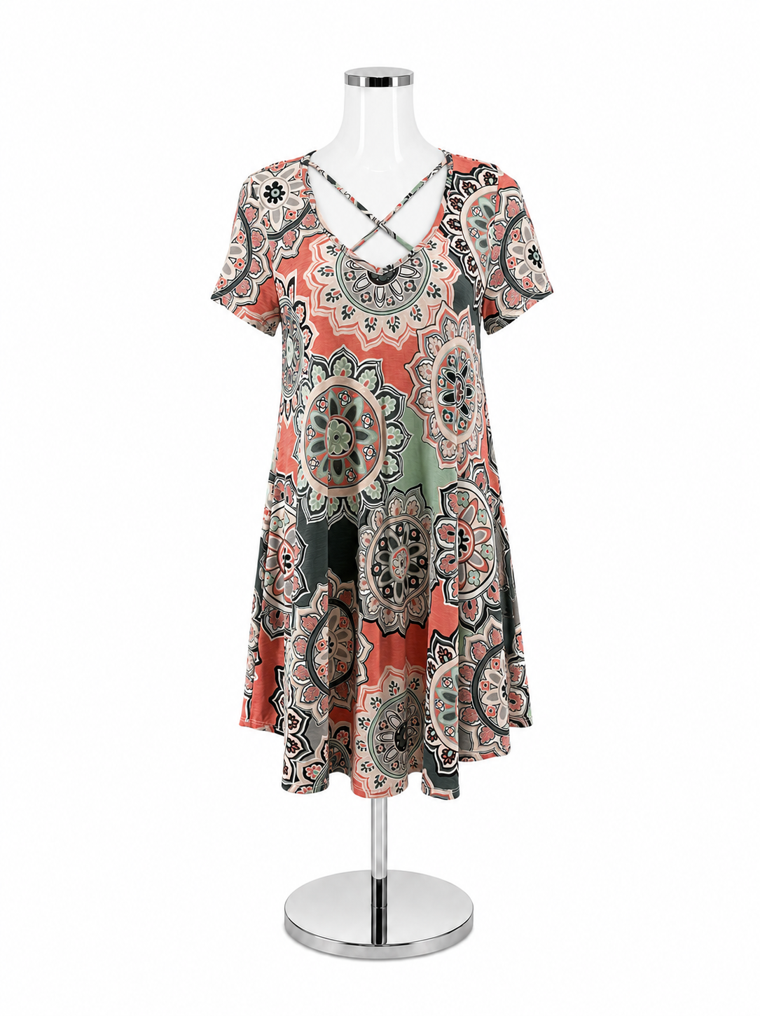 Jodifl Gray Coral Mint Medallion Print Crisscross Neck Tunic Dress Size Small