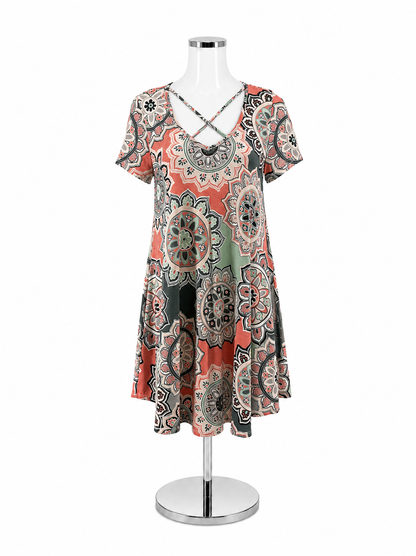 Jodifl Gray Coral Mint Medallion Print Crisscross Neck Tunic Dress Size Small