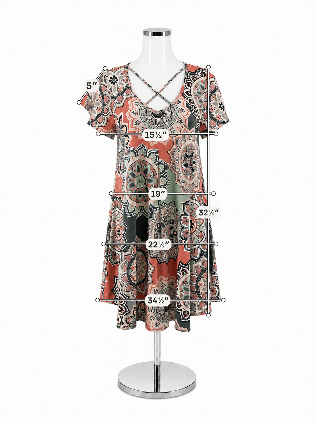 Jodifl Gray Coral Mint Medallion Print Crisscross Neck Tunic Dress Size Small
