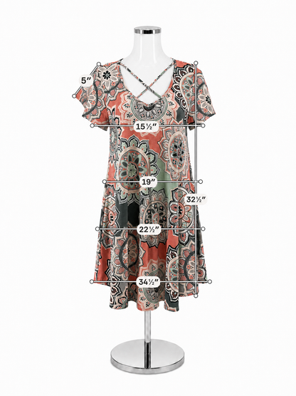 Jodifl Gray Coral Mint Medallion Print Crisscross Neck Tunic Dress Size Small