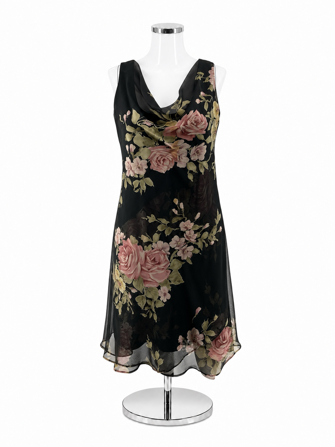 Jessica Howard Black &amp; Rose Gold Floral Cowl Neck Asymmetrical Dress Size Small