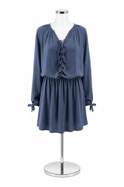 do &amp; be Navy Blue Lace-Up Blouson Sleeve Boho Tunic Dress Size Small