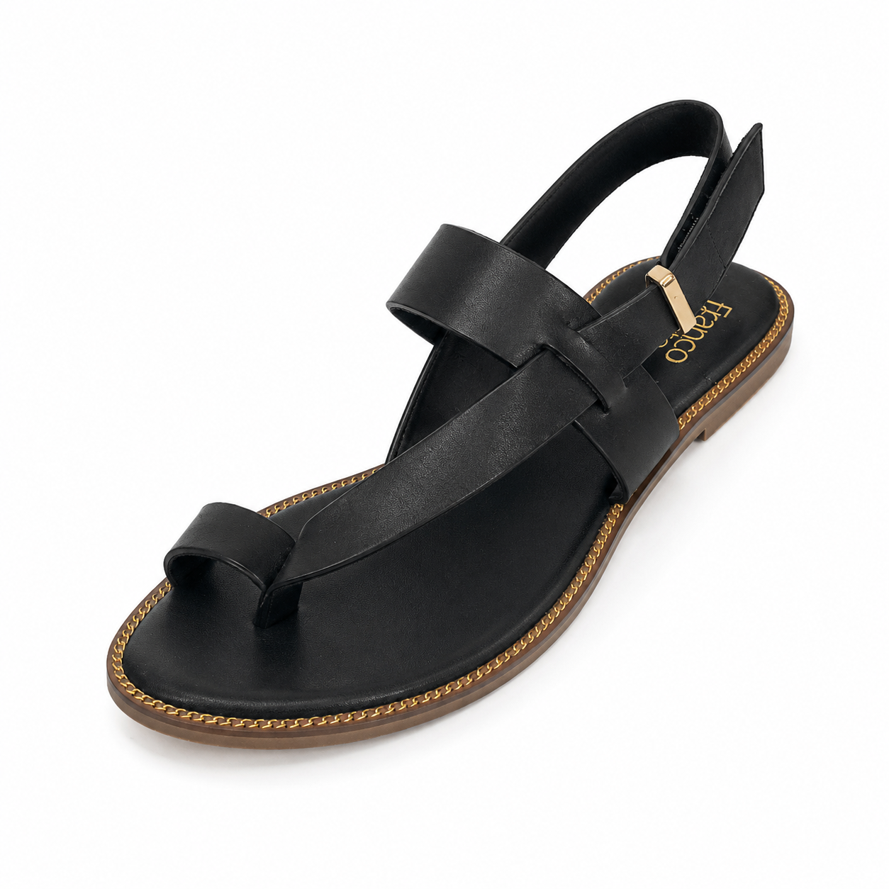 Franco Sarto Talen Black Leather Gold Chain Trim Flat Sandals Size 9.5