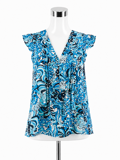 Lilly Pulitzer Kassia Top Bayside Blue Seen and Herd Floral Blouse Size Large