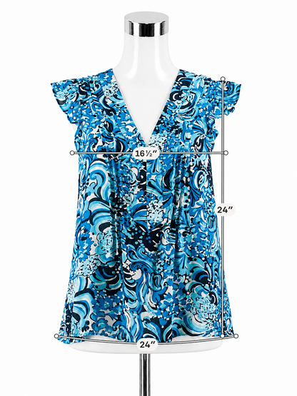 Lilly Pulitzer Kassia Top Bayside Blue Seen and Herd Floral Blouse Size Large