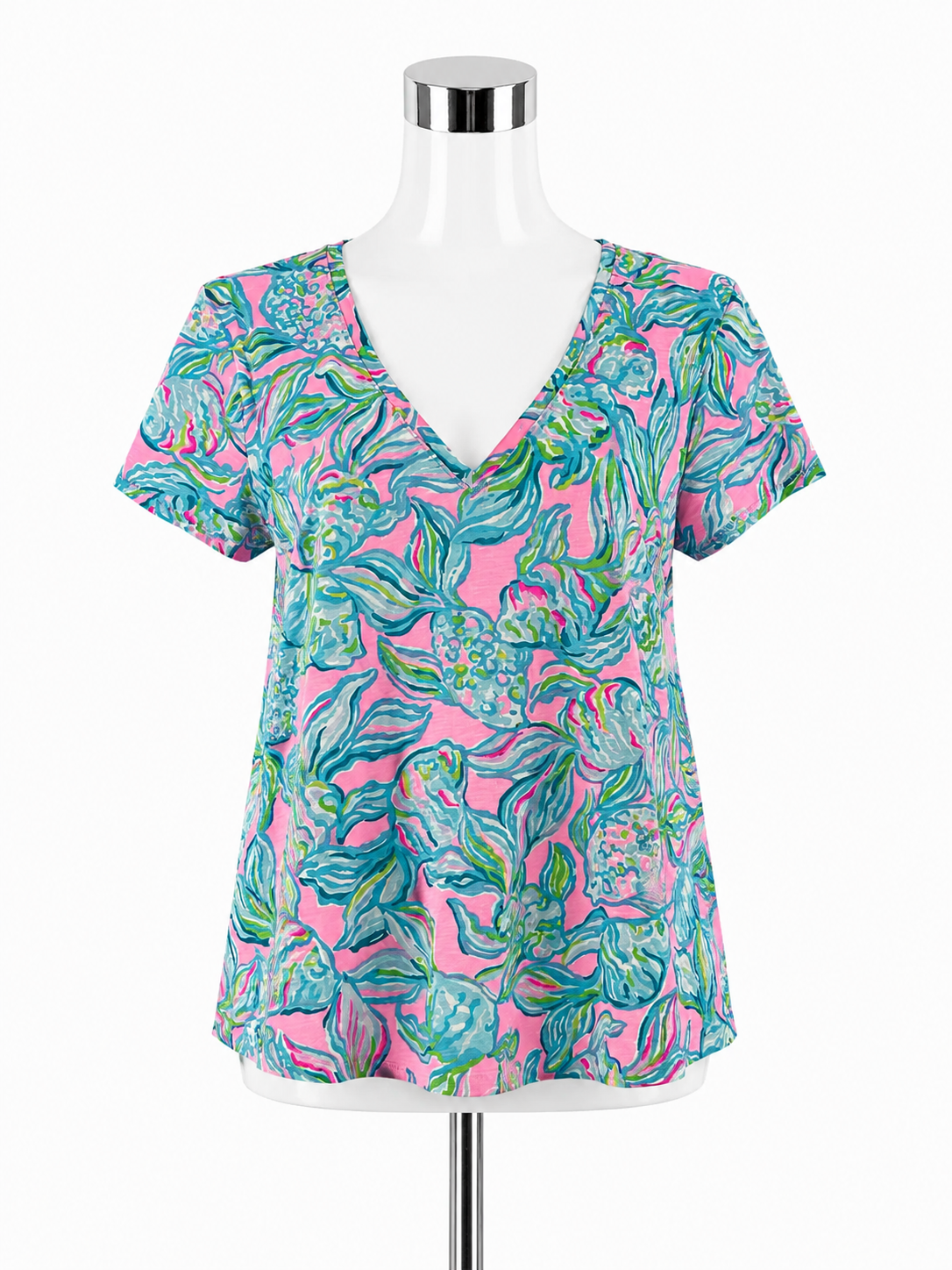 Lilly Pulitzer Etta V-Neck T-Shirt Top Multi It Was All A Dream Floral Size Large
