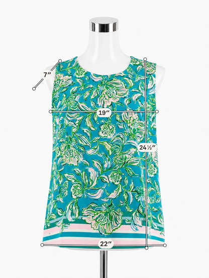 Lilly Pulitzer Florin Button Back Sleeveless Top Large Turquoise Green Floral