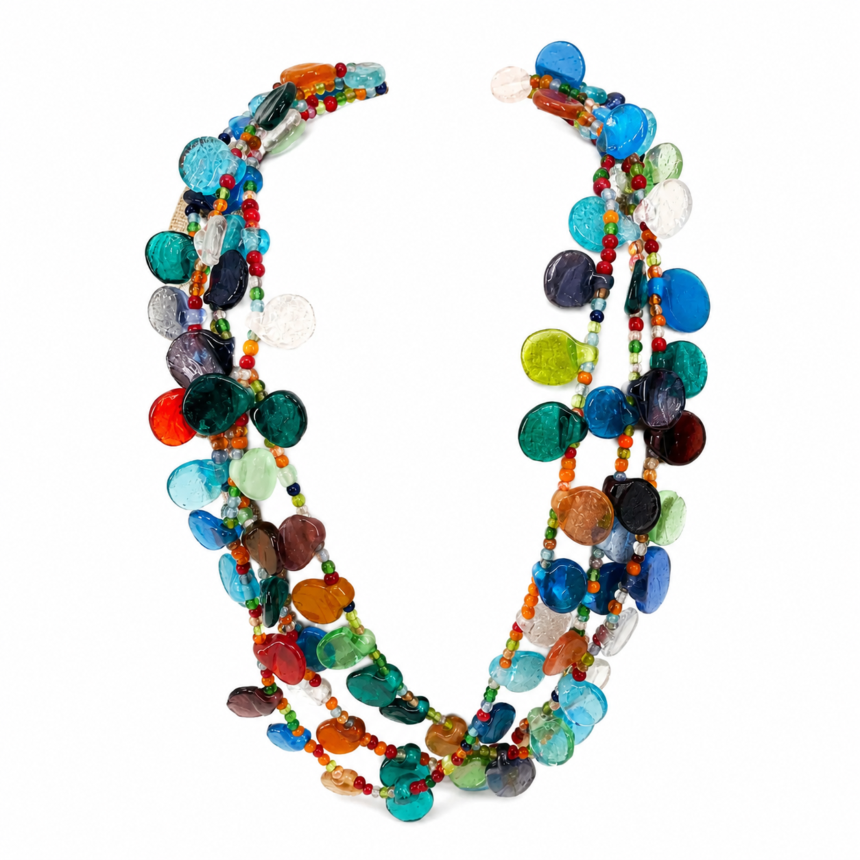 Discovery Multi-Color Seaglass Statement Necklace Layered Glass Disc Bohemian
