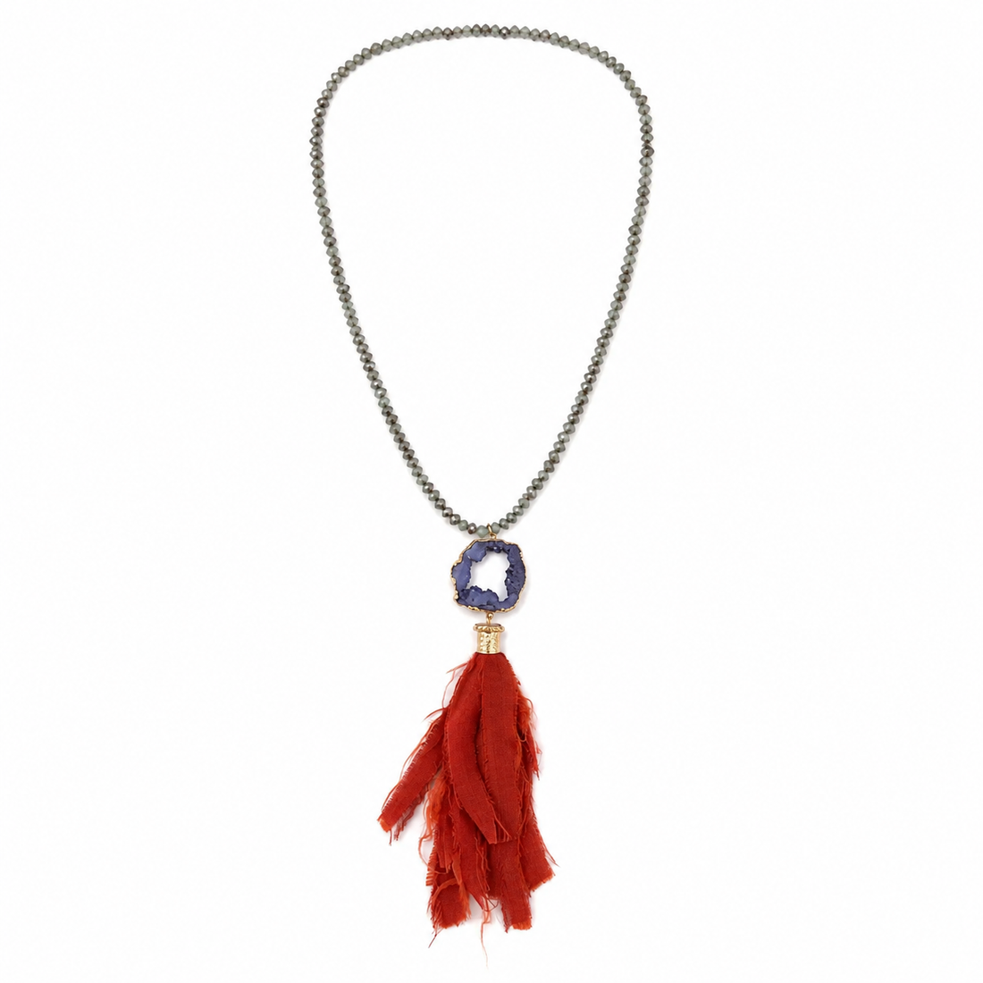 Morganite Druzy Agate Geode &amp; Silk Tassel Statement Necklace Green Blue Orange