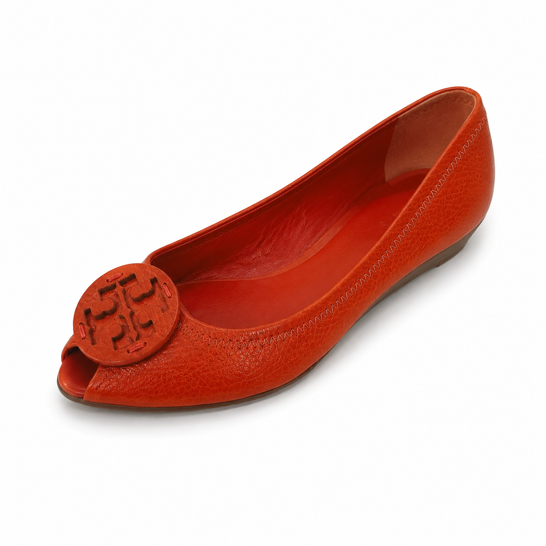 Tory Burch Sally Orange Pebbled Leather Peep Toe Wedge Sandals Size 7.5