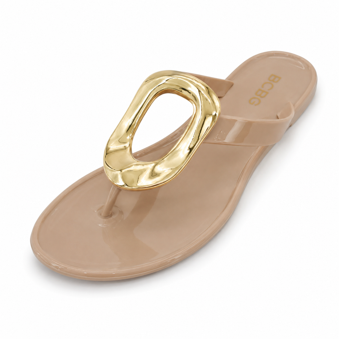 BCBG Paris Tinas Jelly Thong Sandals Nude Pink Gold Emblem Size 6.5 NWT