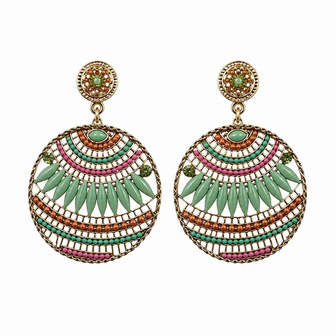 Morgan &amp; Taylor Bohemian Beaded Hoop Drop Earrings Gold Tone Multi-Color