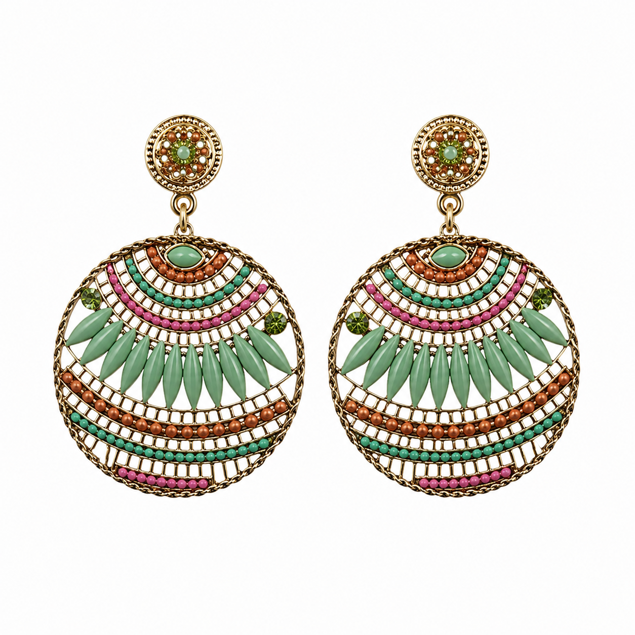 Morgan &amp; Taylor Bohemian Beaded Hoop Drop Earrings Gold Tone Multi-Color