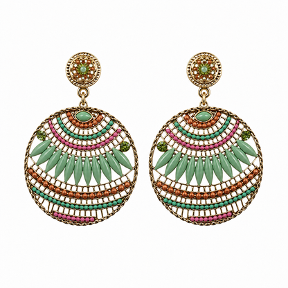 Morgan &amp; Taylor Bohemian Beaded Hoop Drop Earrings Gold Tone Multi-Color