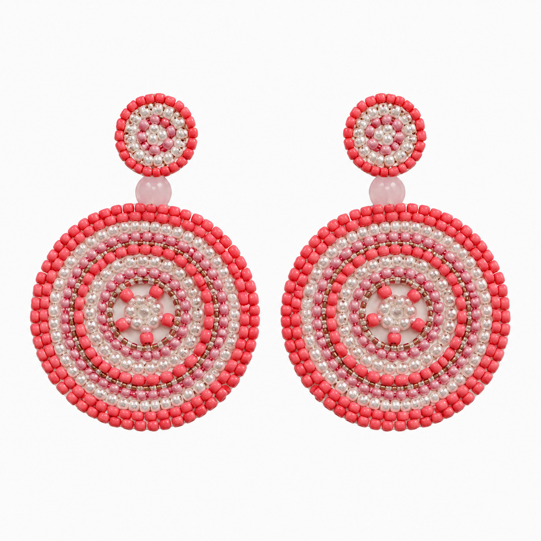 Artisan Coral Pink Seed Bead Circle Dangle Earrings Boho Statement Jewelry