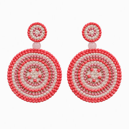 Artisan Coral Pink Seed Bead Circle Dangle Earrings Boho Statement Jewelry