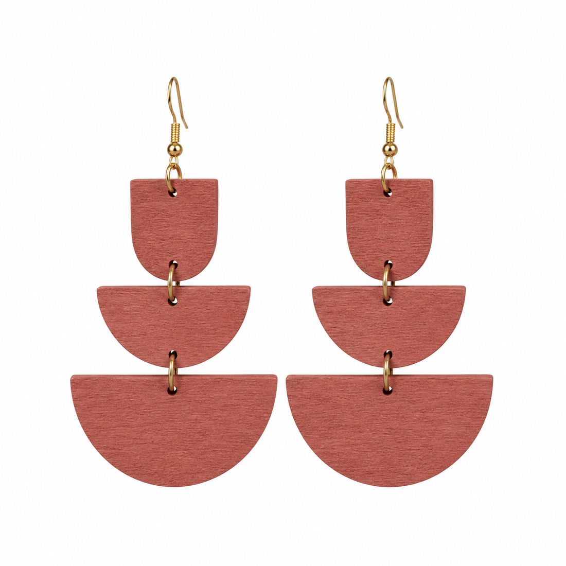 Artisan Geometric Wood Drop Earrings Dusty Rose Pink Gold Tone