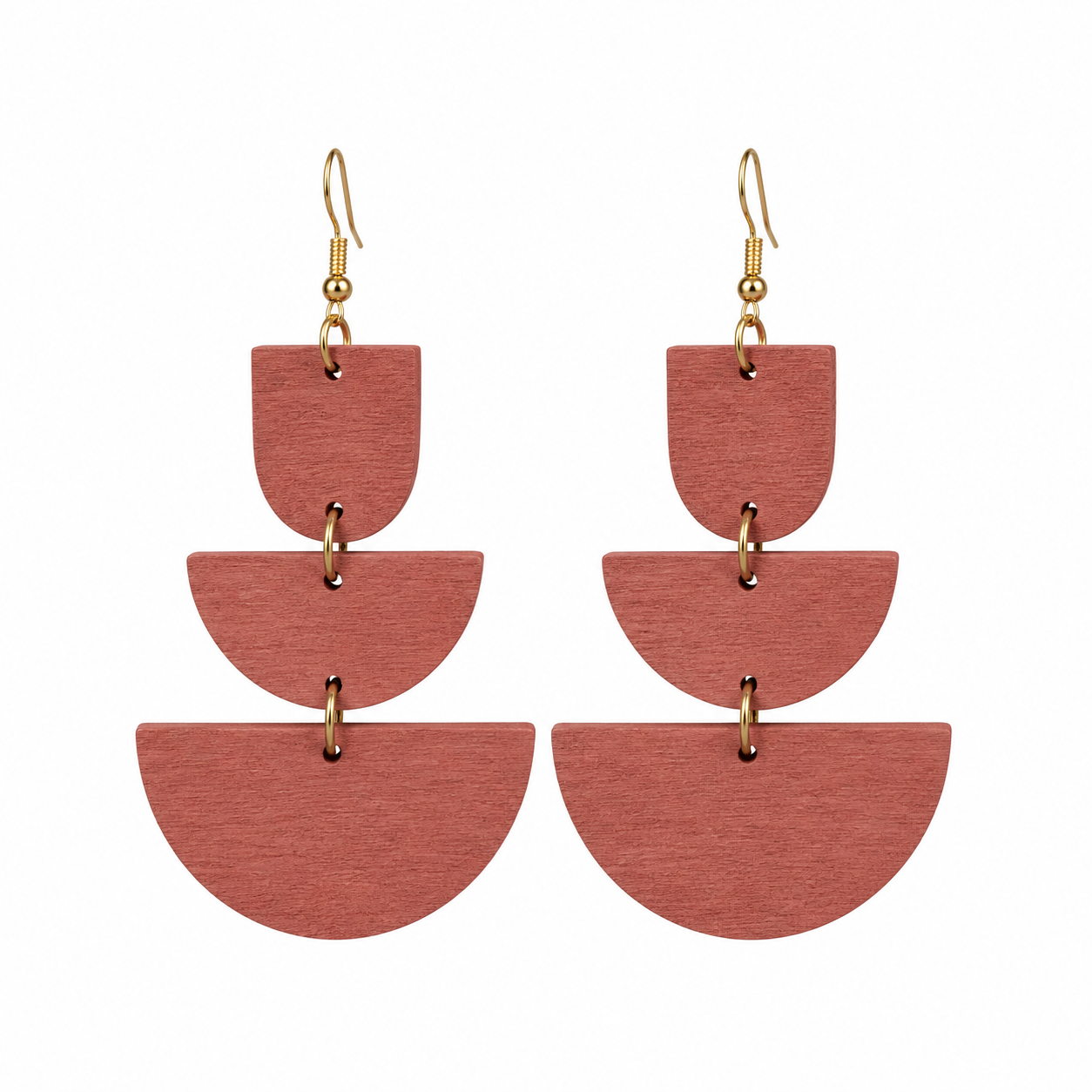 Artisan Geometric Wood Drop Earrings Dusty Rose Pink Gold Tone