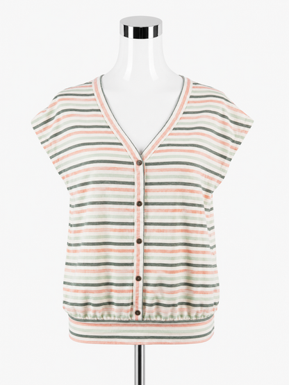 LOFT Outlet Striped Button-Front Top V-Neck Cap Sleeve Blouse Size Large Petite LP