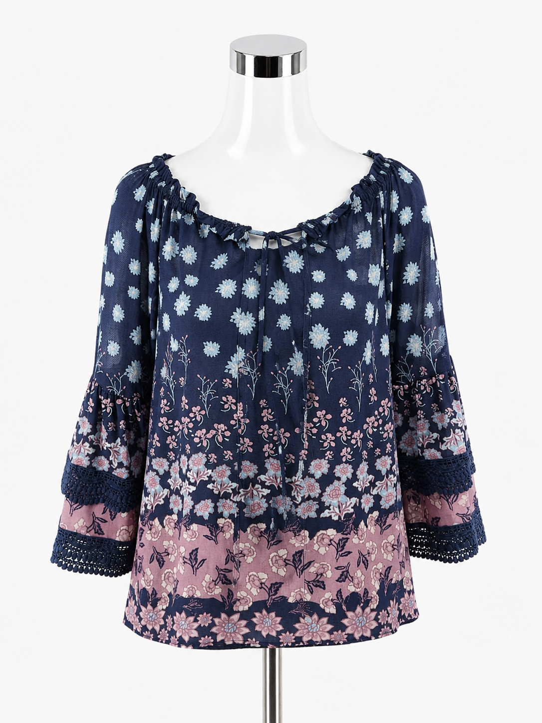 Style &amp; Co Petite Floral Bohemian Peasant Top with Lace Trim Size PM
