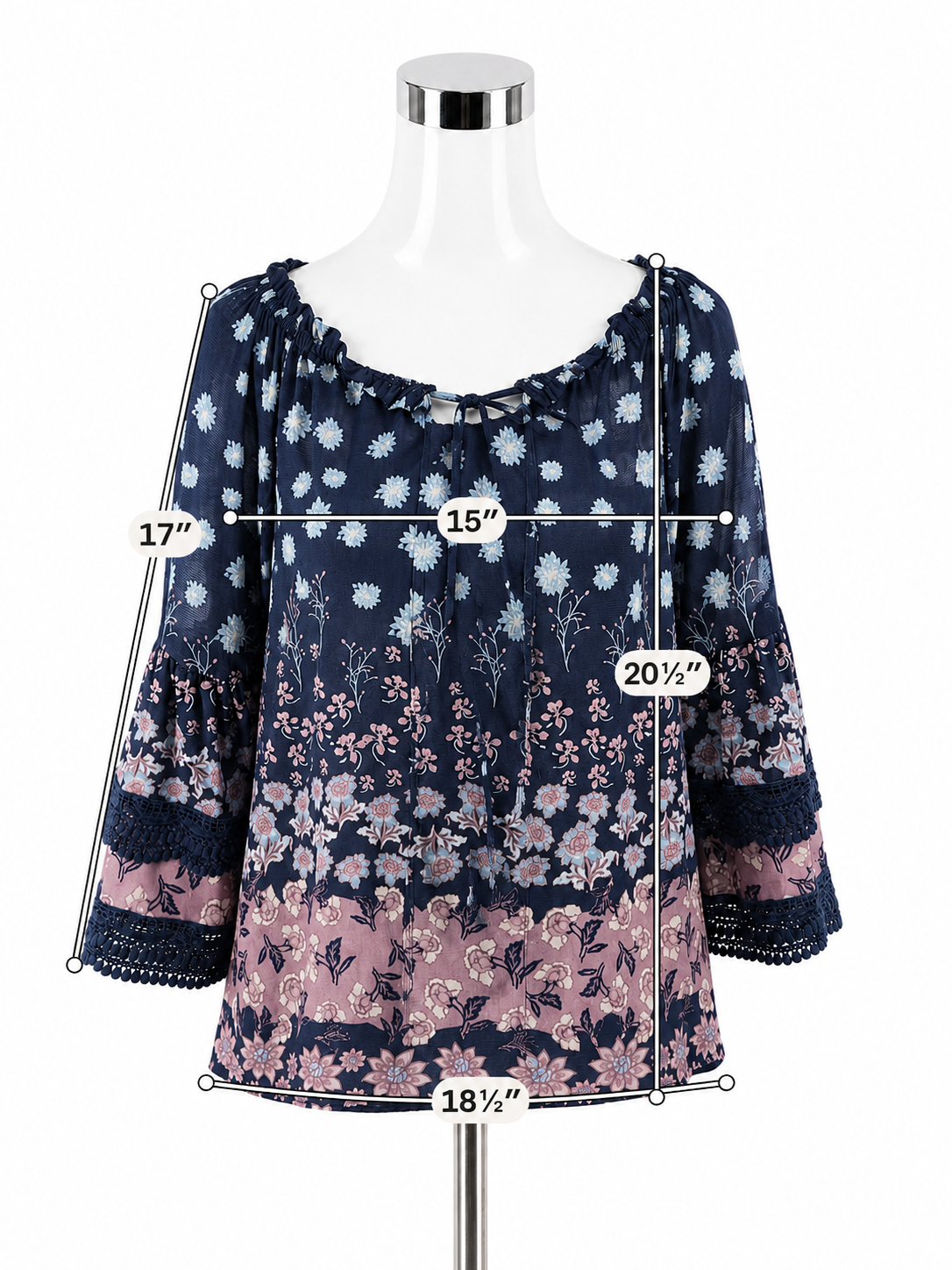 Style &amp; Co Petite Floral Bohemian Peasant Top with Lace Trim Size PM
