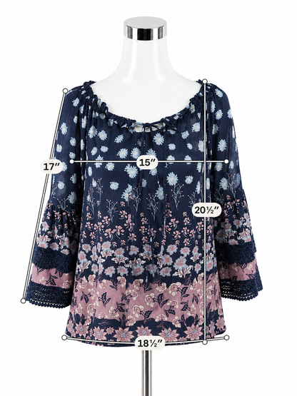 Style &amp; Co Petite Floral Bohemian Peasant Top with Lace Trim Size PM