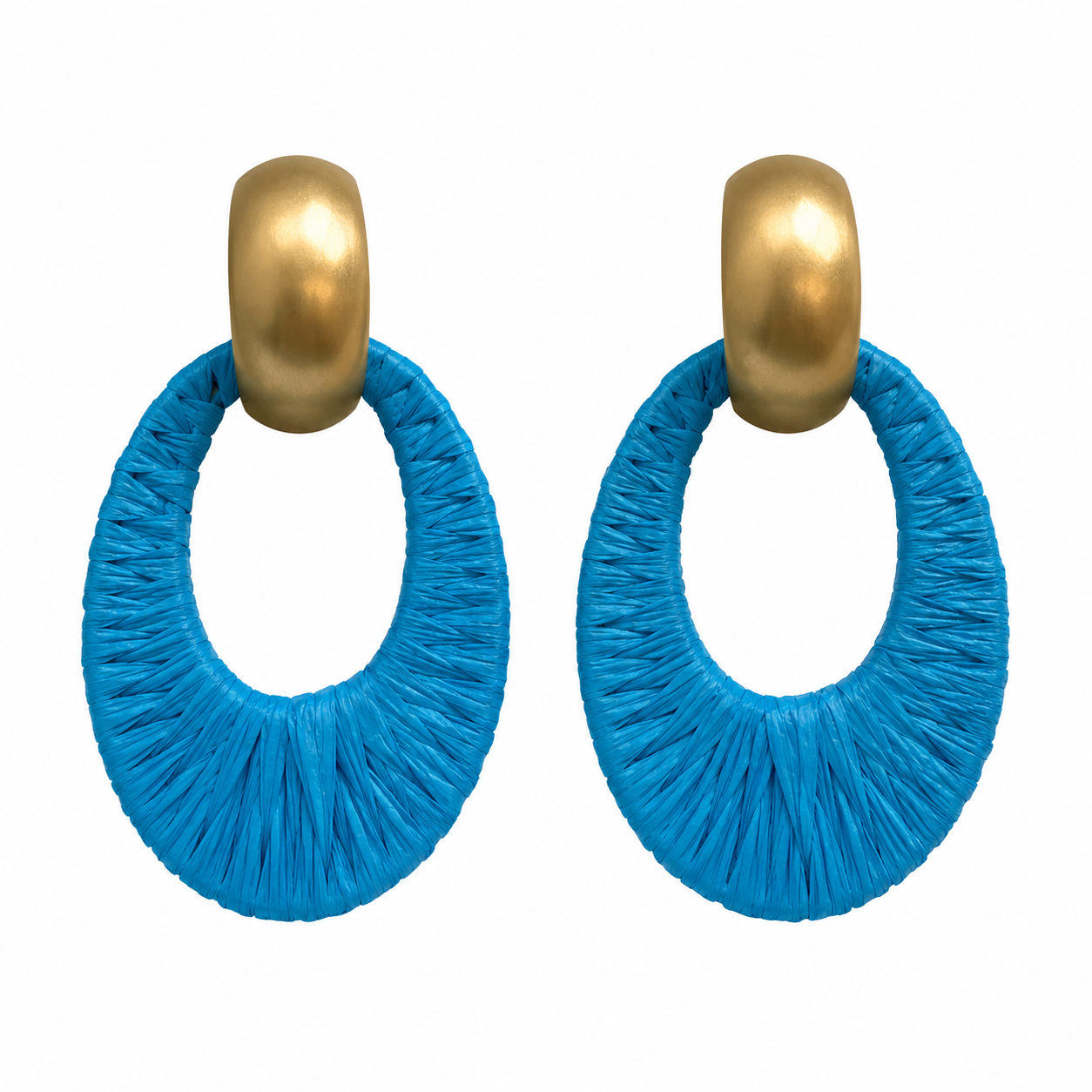 FINE CRAFT Blue Raffia Wrapped Teardrop Gold Dome Stud Earrings