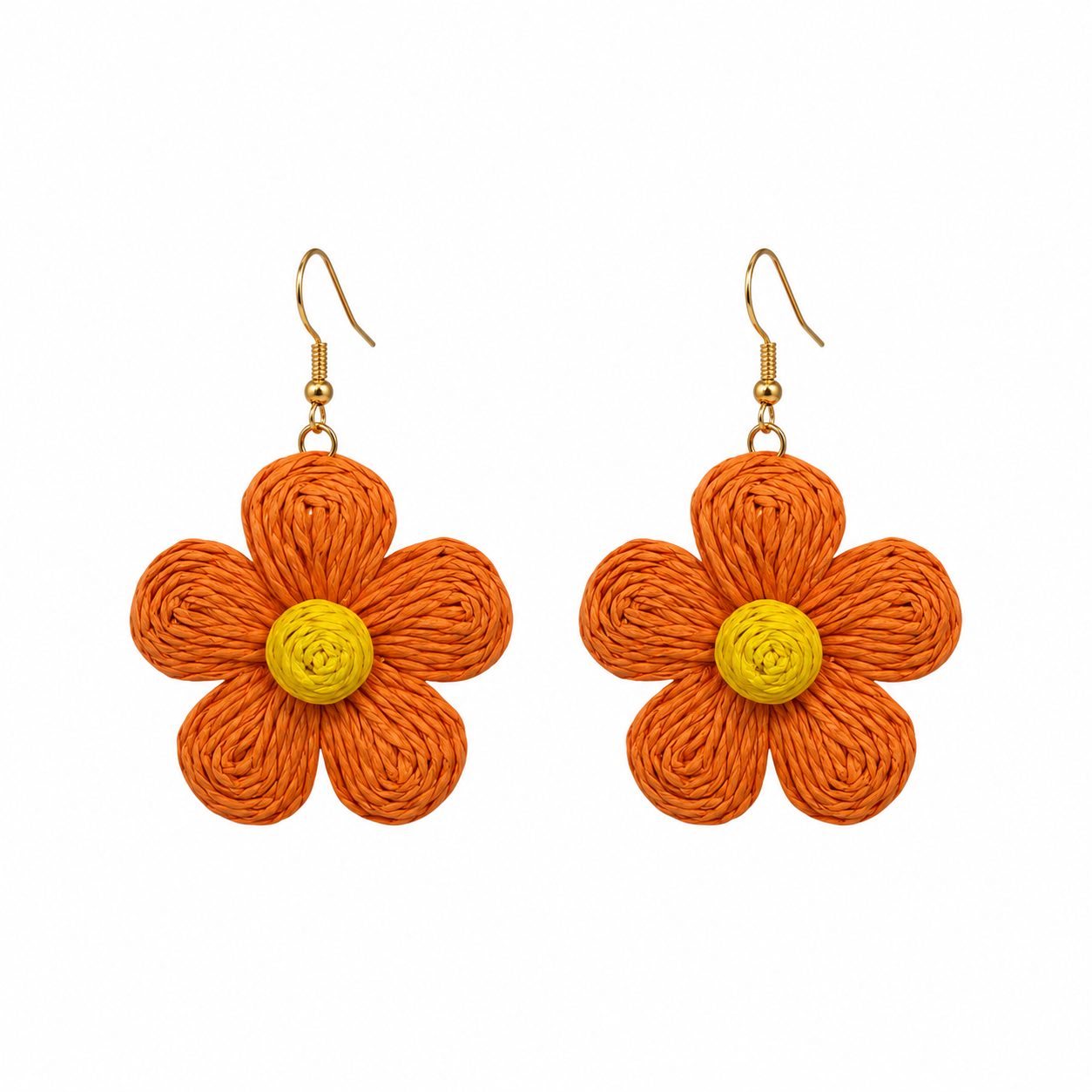 Margaux Orange Raffia Woven Flower Statement Earrings Boho Chic