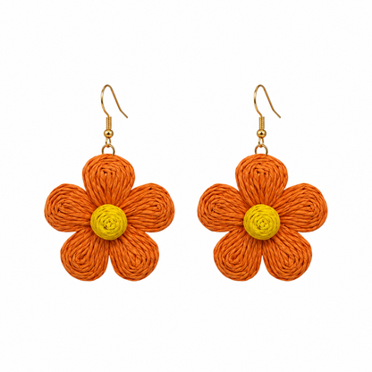 Margaux Orange Raffia Woven Flower Statement Earrings Boho Chic
