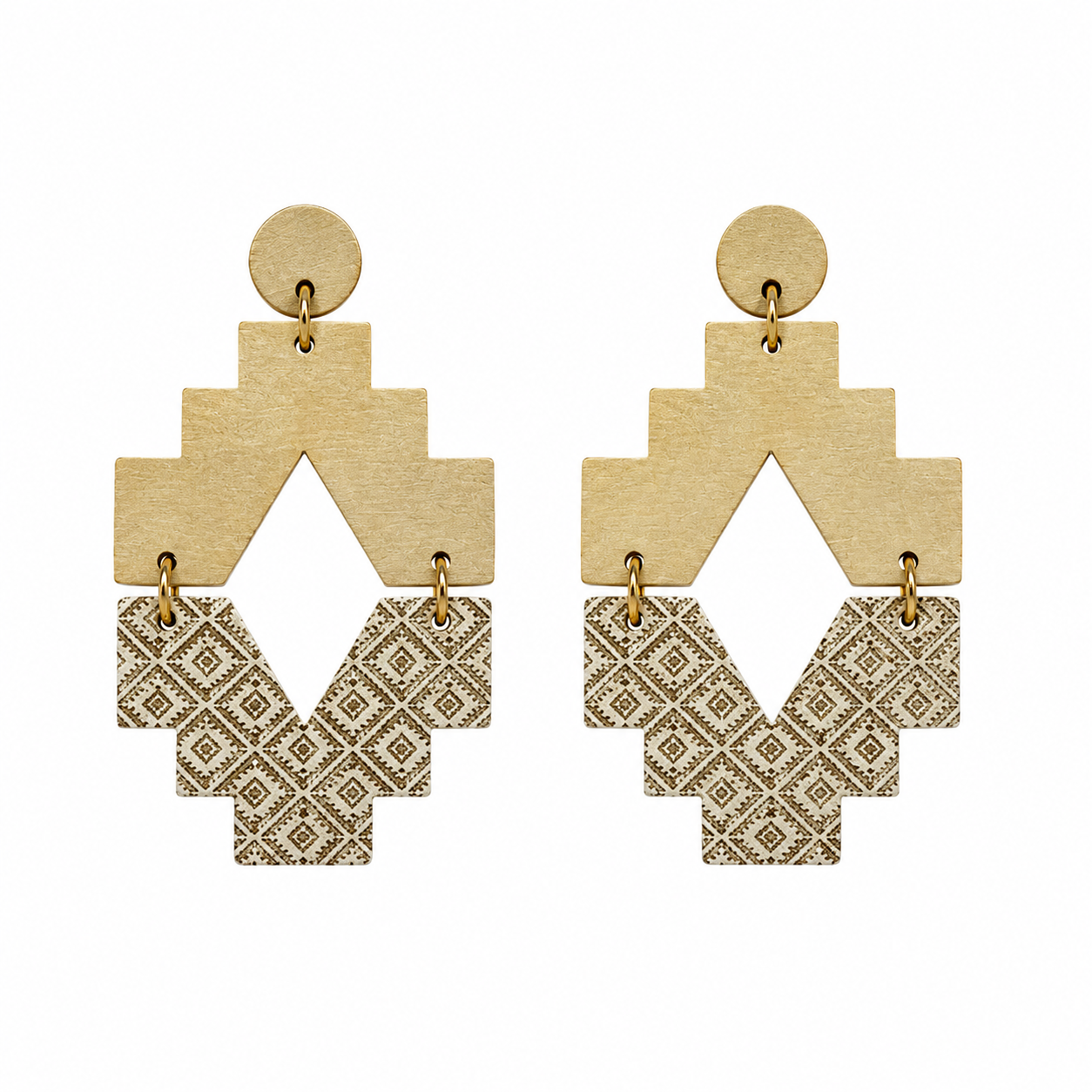 Artisan Geometric Wood Drop Earrings Boho Trapezoid Patterned Dangle 2.5"