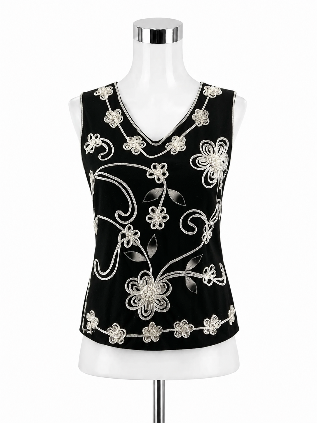 Lauren Michelle Black &amp; White Floral Applique Sleeveless Top Size Medium
