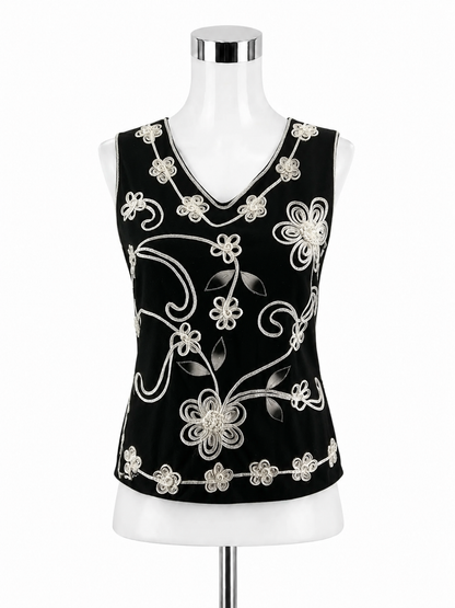 Lauren Michelle Black &amp; White Floral Applique Sleeveless Top Size Medium